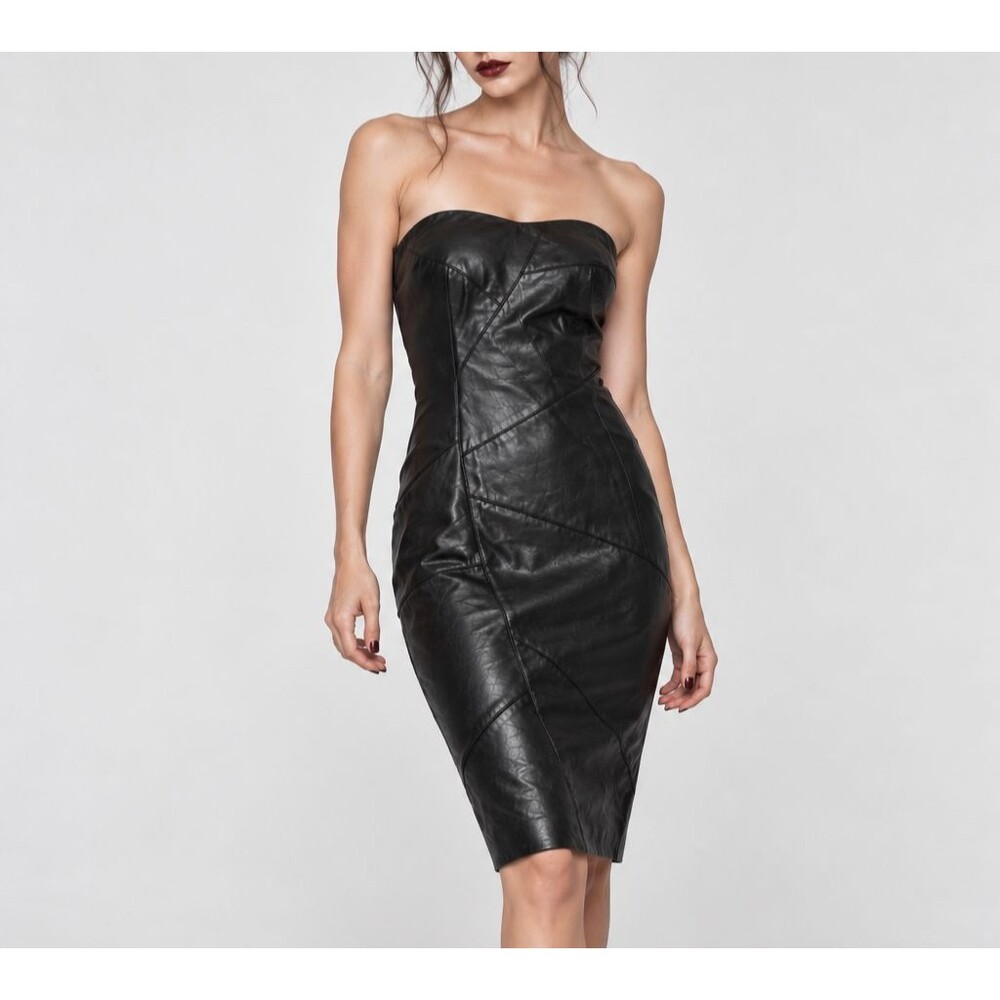 Elaine Kim Strapless Leather Dress Womens 8 Black Patchwork Bodycon Rock Goth